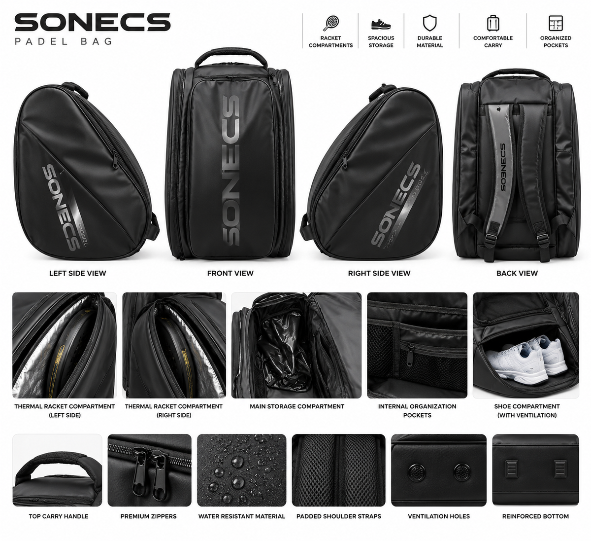 SONECS Elite Pro Thermal Padel Bag - Black/Charcoal
