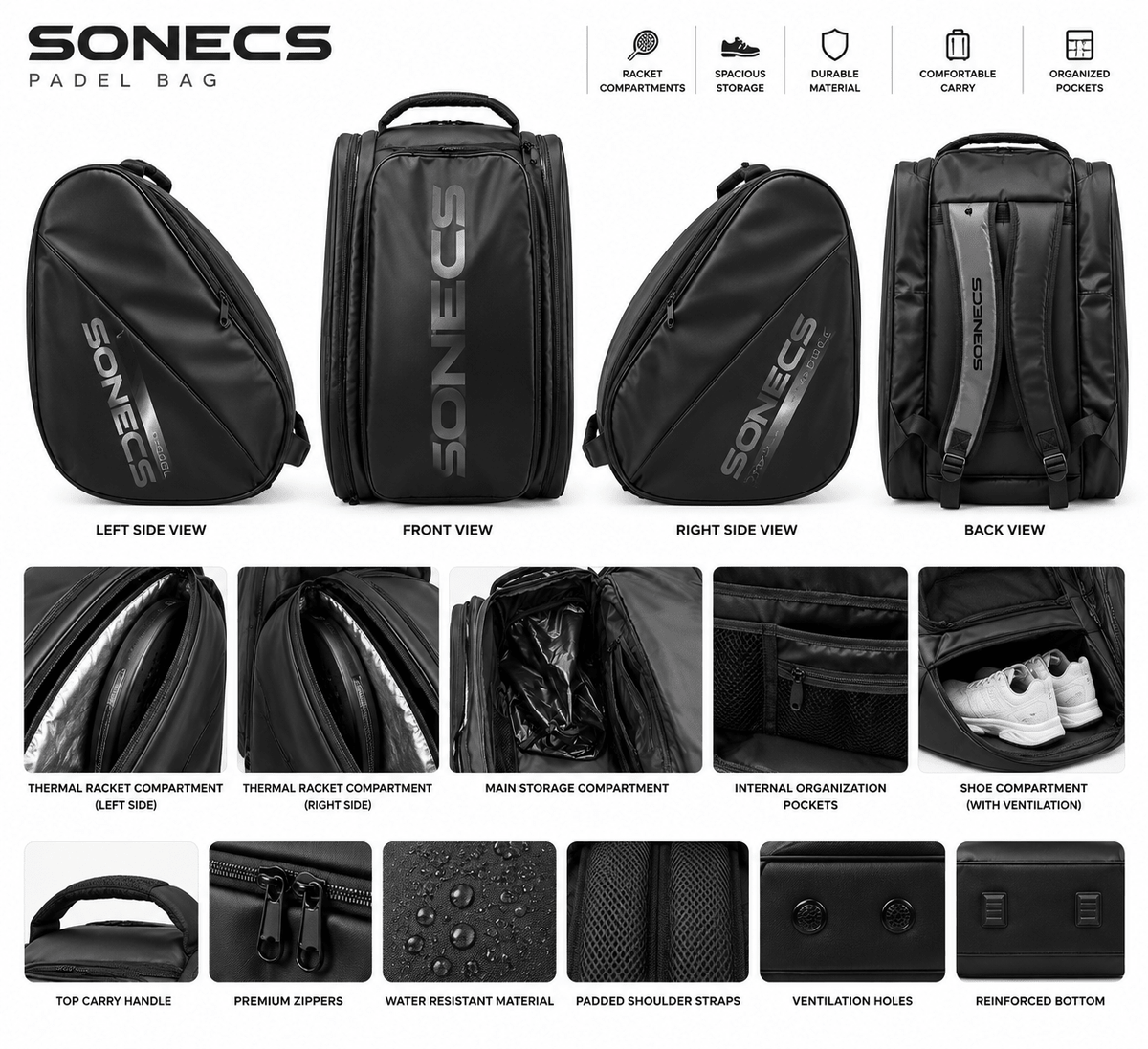SONECS Elite Pro Thermal Padel Bag - Black/Charcoal