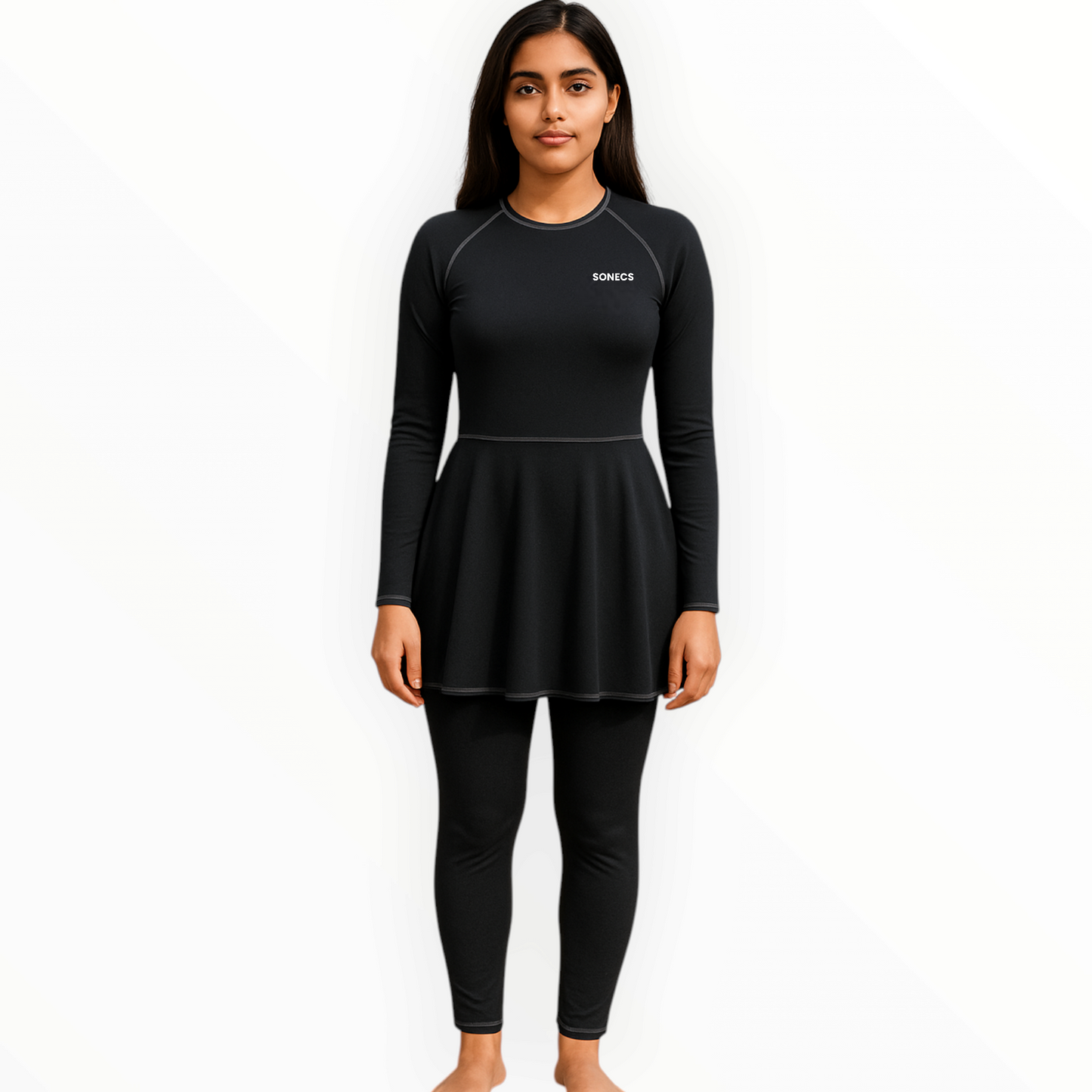 Sonecs Frill 1pc Swim Suit Modest Wear - All Black