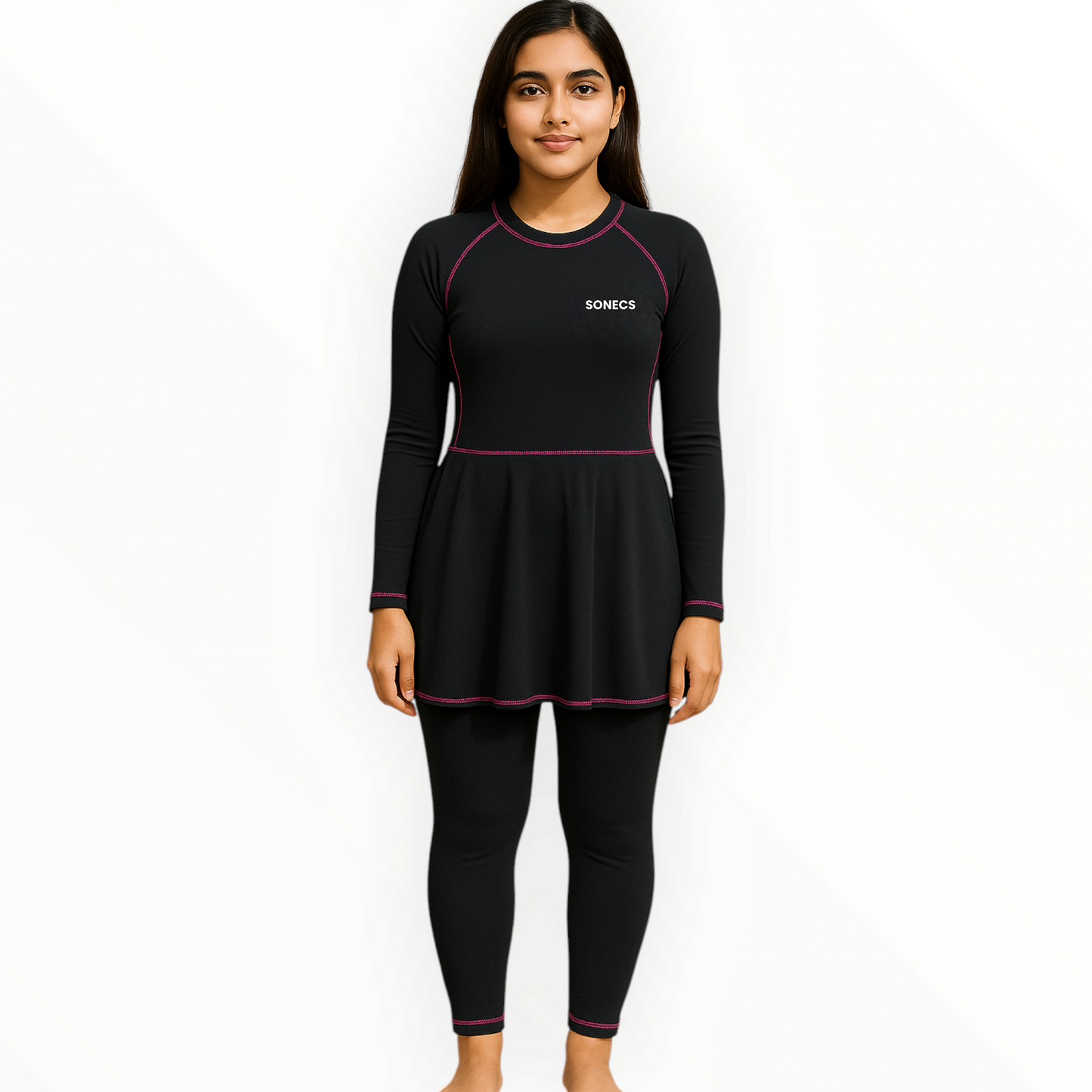 Sonecs Frill 1pc Swim Suit Modest Wear - Black/Pink