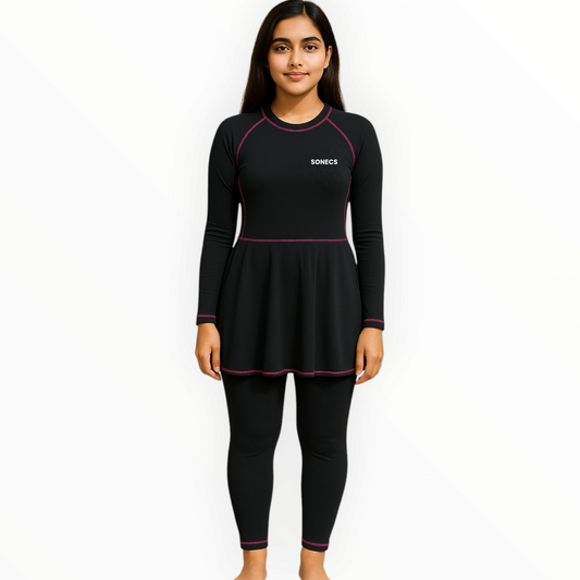 Sonecs Frill 1pc Swim Suit Modest Wear - Black/Pink