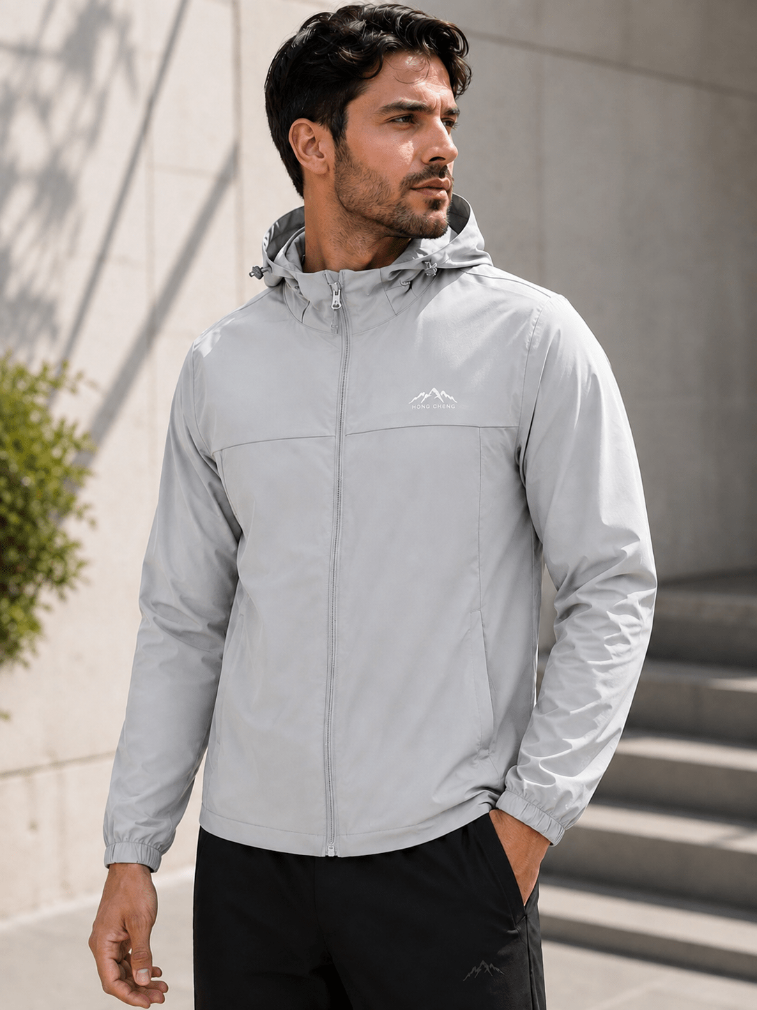 Buy Hong Cheng Men's Light Grey Windbreaker Jacket 