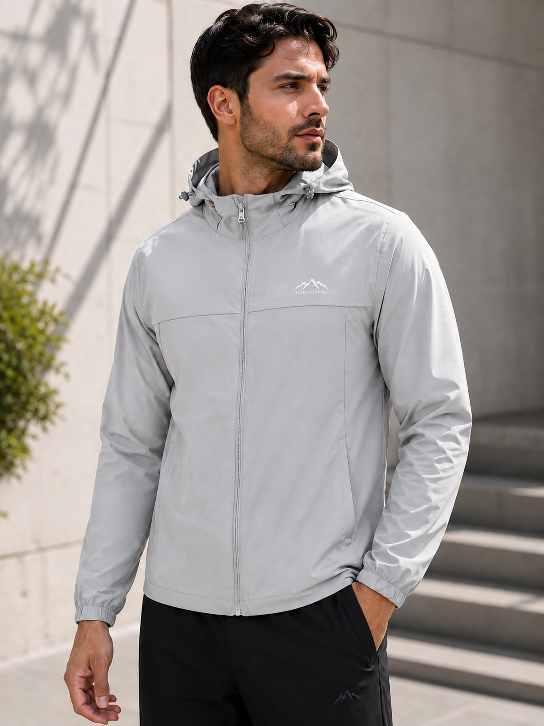 Hong Cheng American Men’s Technical Stretch Windbreaker Jacket - Light Grey