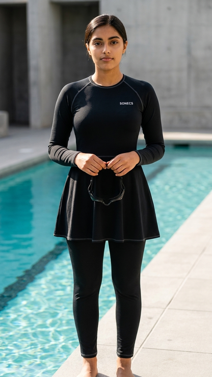 Sonecs Frill 1PC Swim Suit Modest Full Coverage All Black