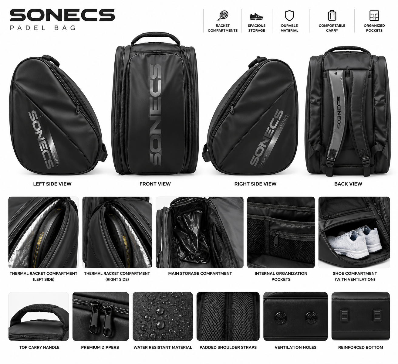 SONECS Elite Pro Thermal Padel Bag - Black/Charcoal
