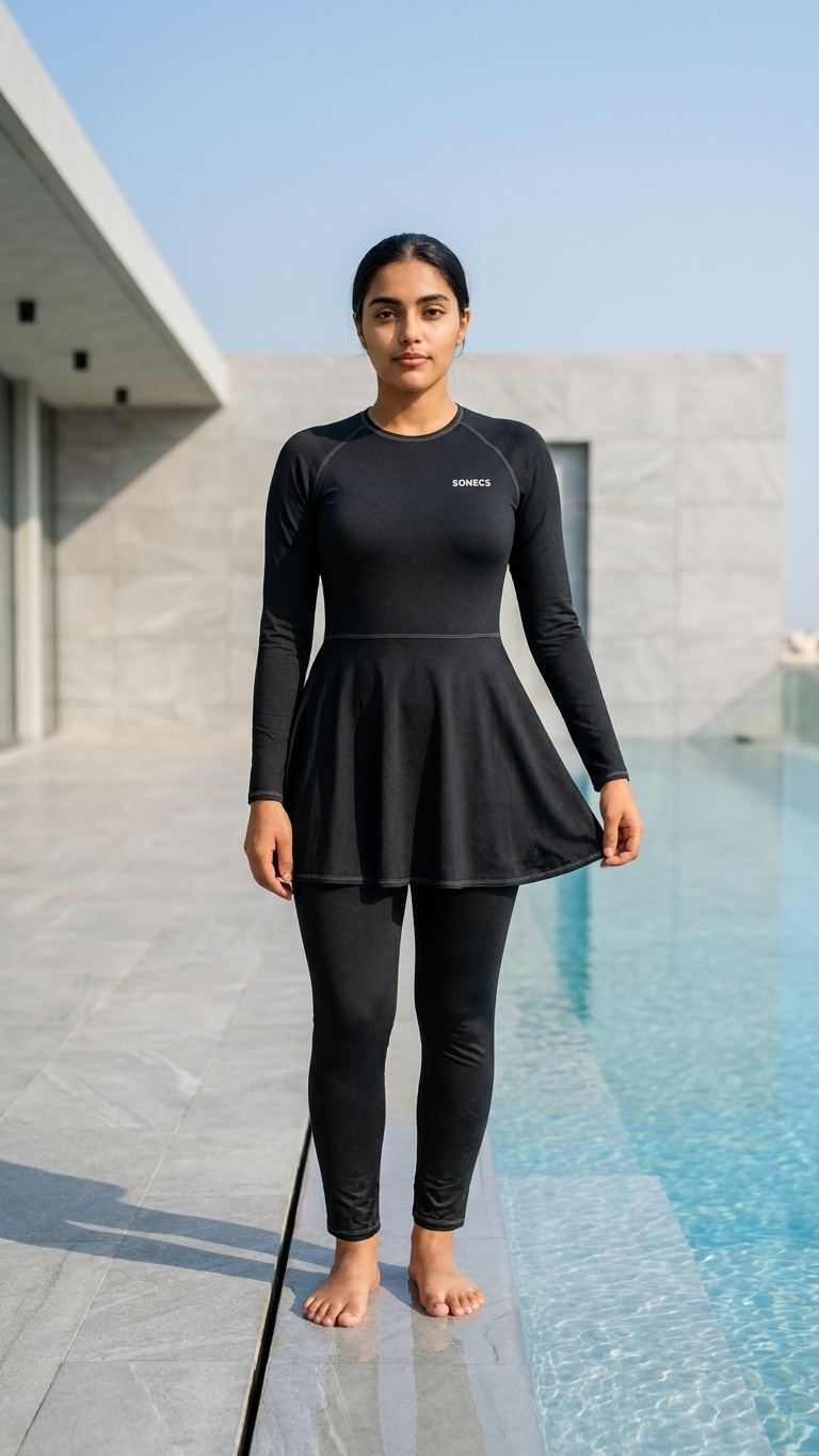 Sonecs Frill 1PC Swim Suit Modest Full Coverage All Black