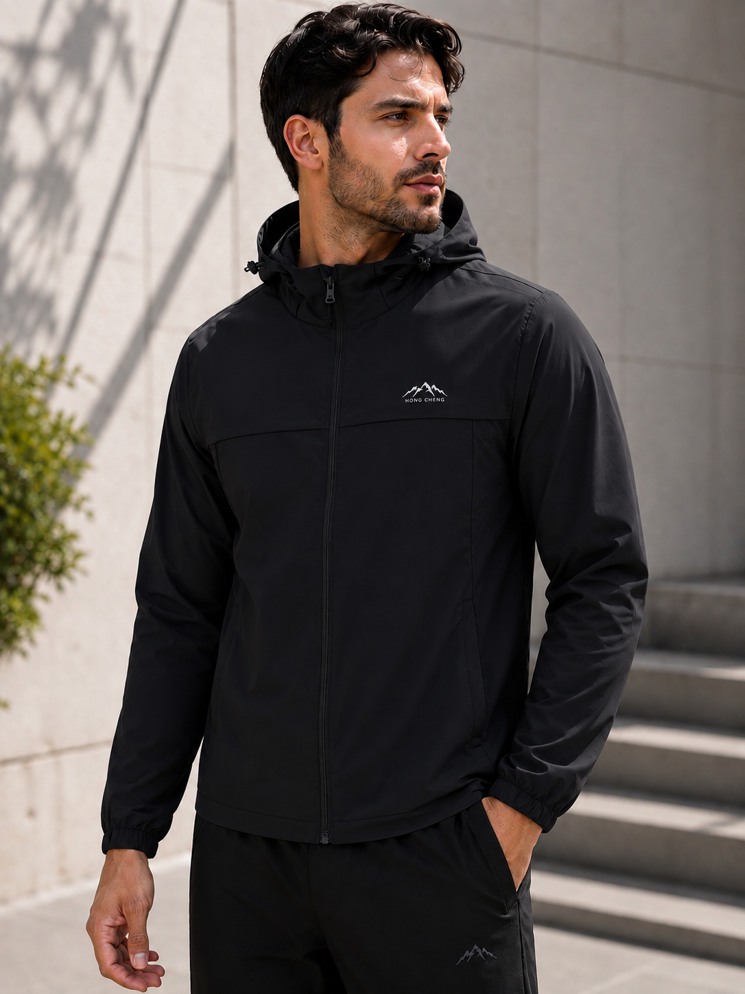 Hong Cheng American Men’s Technical Stretch Windbreaker Jacket - Black