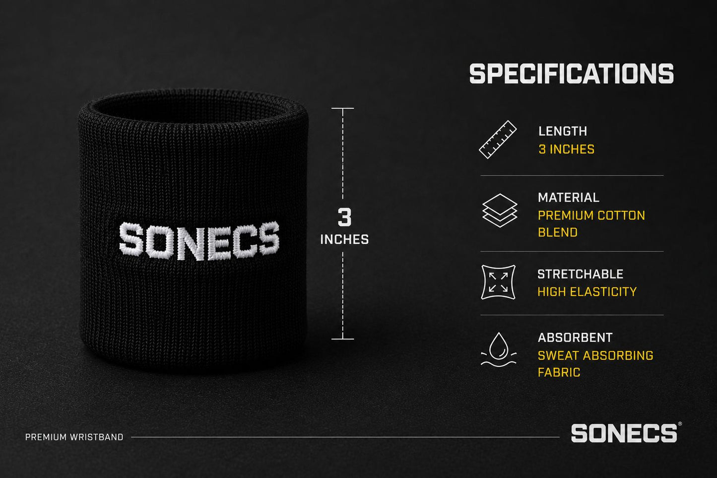 SONECS Premium Sweat Absorbent Sports Wristband - Pair