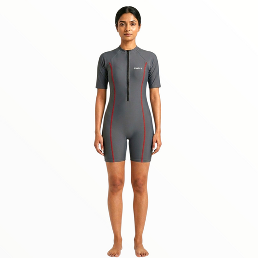 Sonecs Women's BoyLeg Swim Suit - Grey/Red