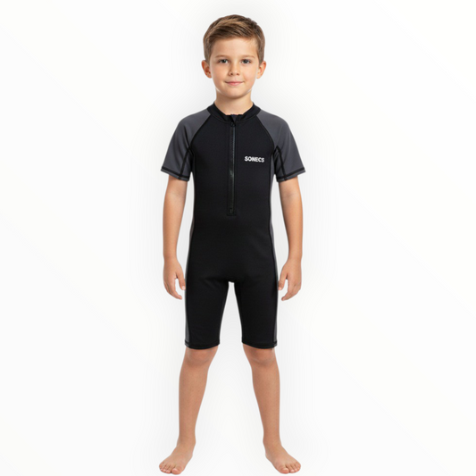 Sonecs Kids UptoKnee Swim Suit – Black/Grey